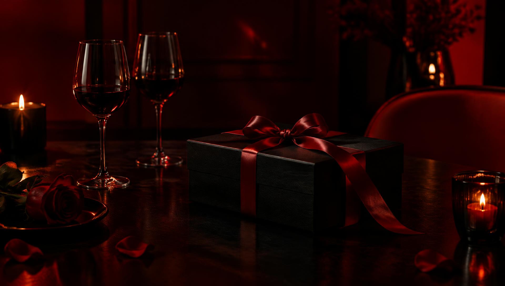 An unopened black gift box with a red ribbon beside two glasses of wine in low candlelight