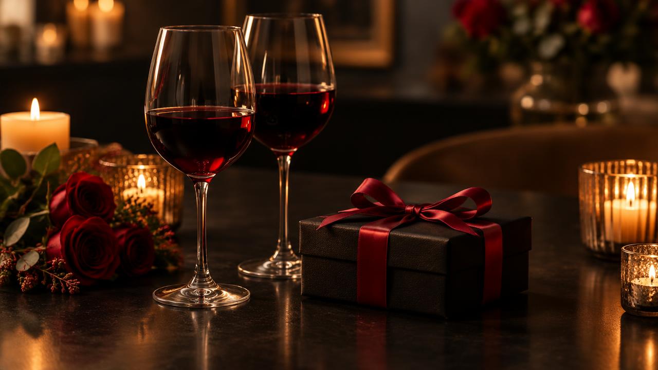 Two glasses of red wine beside a black gift box with a red ribbon by candlelight