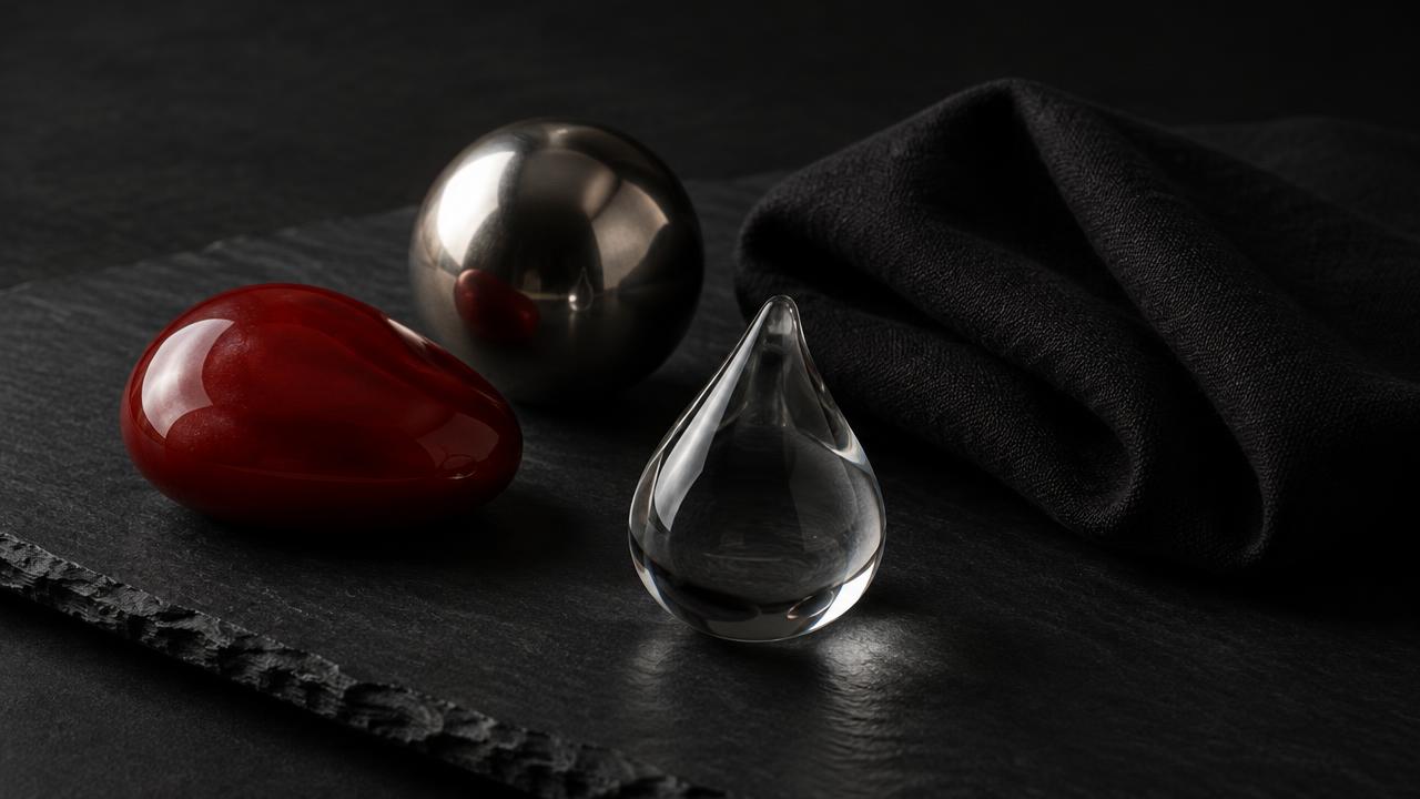 Red silicone, polished steel and clear glass shapes beside a black cloth on slate