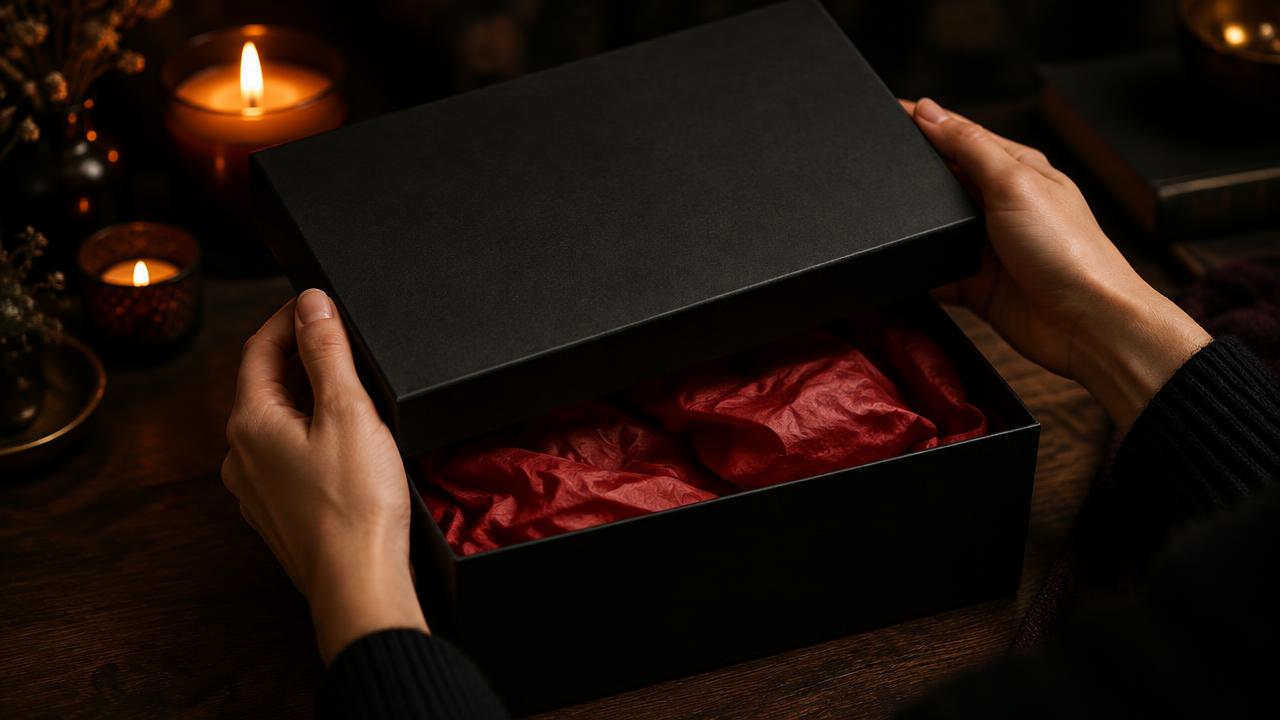 Hands lifting the lid of a black box filled with red tissue paper by candlelight