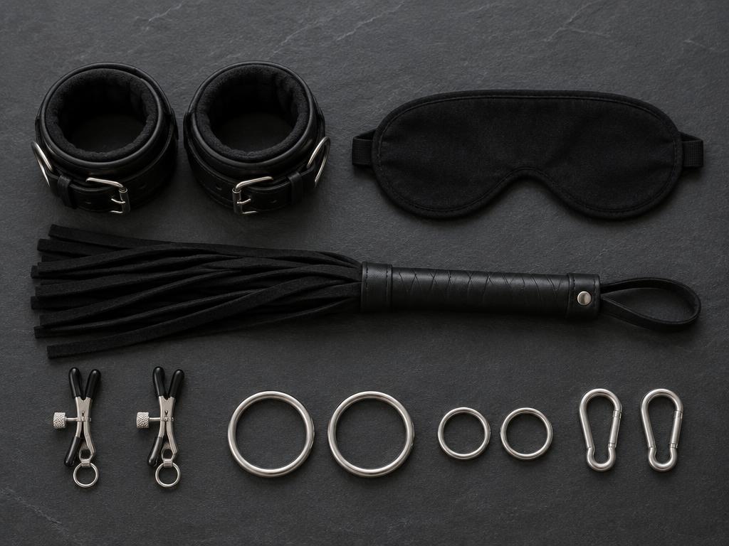 Leather cuffs, a blindfold, a soft flogger and metal fittings arranged on slate