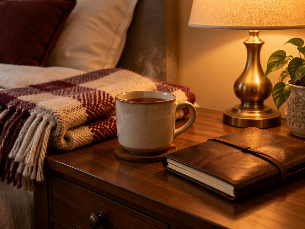A cup of tea, a folded wool blanket and a leather journal under warm lamp light