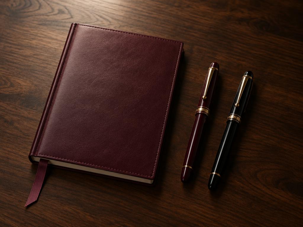 A burgundy leather notebook and two pens on a dark wooden table