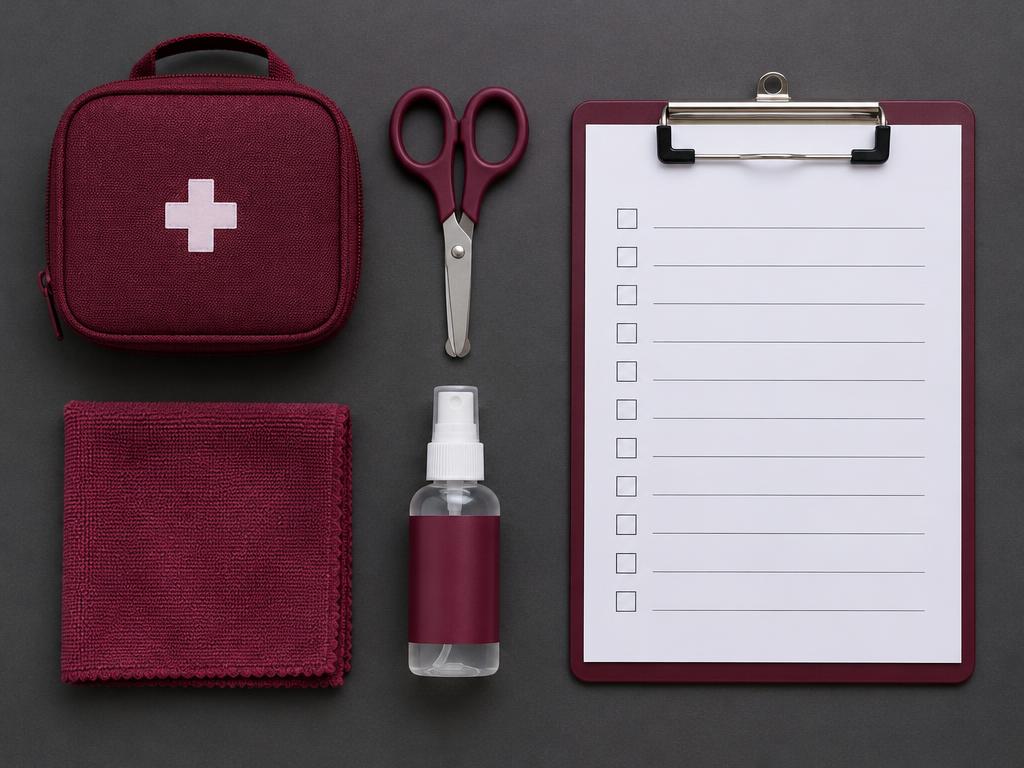 A first-aid kit, safety scissors, cleaning spray, cloth and a blank checklist