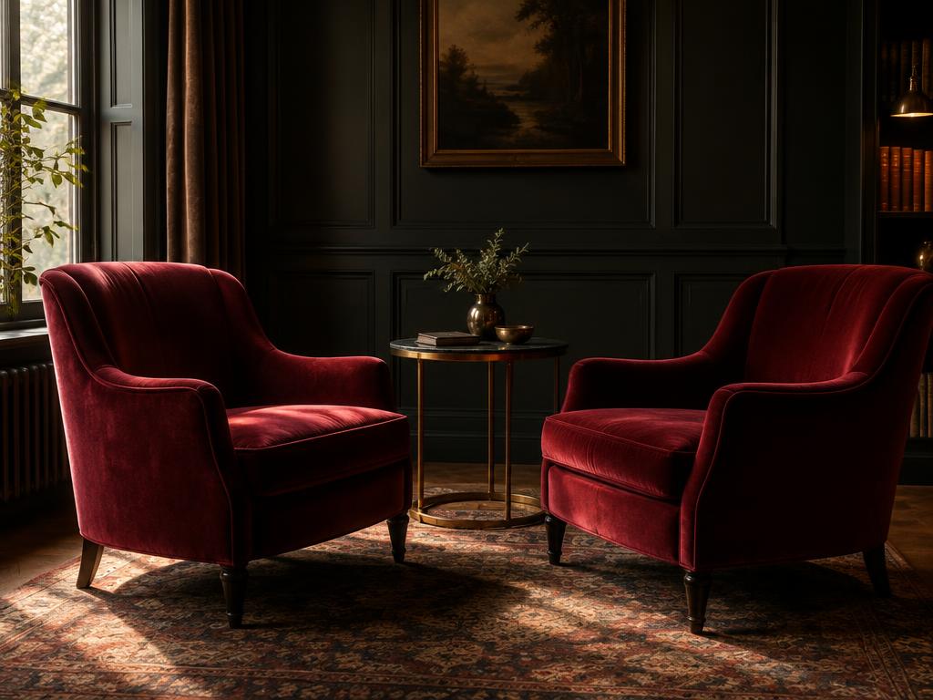 Two empty crimson velvet armchairs facing each other