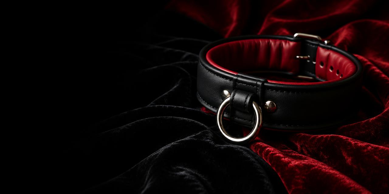 A padded black leather collar with a steel ring on velvet